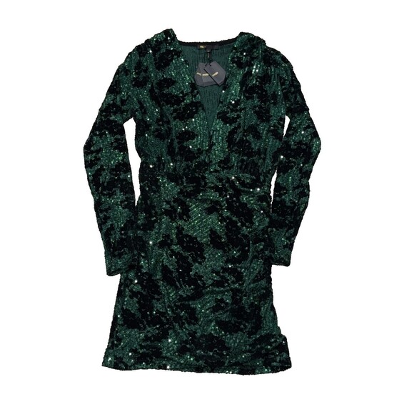 Maje Green Sequin Velvet Mini Dress NWT Size 36 / Small Ruched Party $565 - Picture 1 of 13